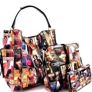 Magazine Print Side Pocket 3 in 1 Hobo Wallet SET